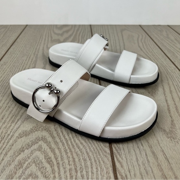 Stuart Weitzman Joni Leather Footbed Buckle Strap Slide Sandals 5.5B White $325 - Picture 1 of 9